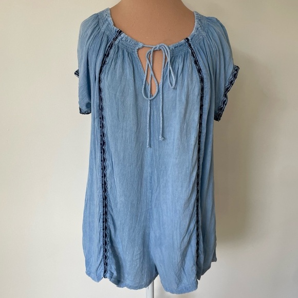 muche et muchette Pants - Muche et Muchette Blue Rayon Embroidered Short Sleeve Tie Neck Romper One Size